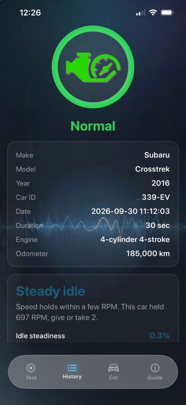 AcceloVibe result screen showing a Normal reading for a 2016 Subaru Crosstrek